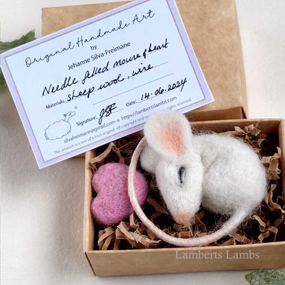 Sleeping needle felted mouse with a heart  Small handmade white felted wool mouse asleep