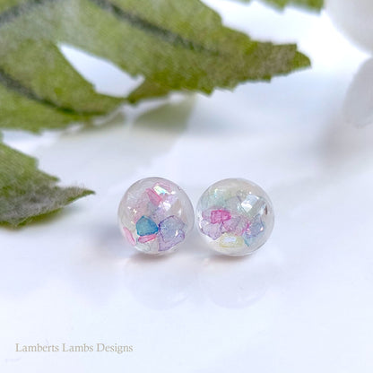 Handmade stud earrings with mulit colour glass -pink, purple, blue, yellow, green