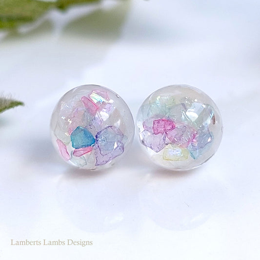 Handmade stud earrings with mulit colour glass -pink, purple, blue, yellow, green