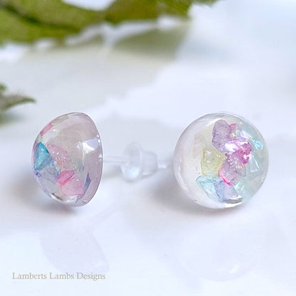 Handmade stud earrings with mulit colour glass -pink, purple, blue, yellow, green