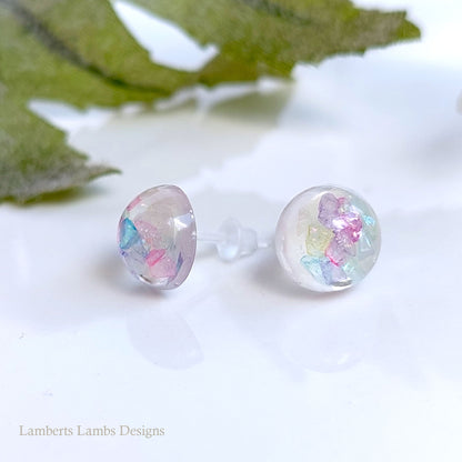 Handmade stud earrings with mulit colour glass -pink, purple, blue, yellow, green