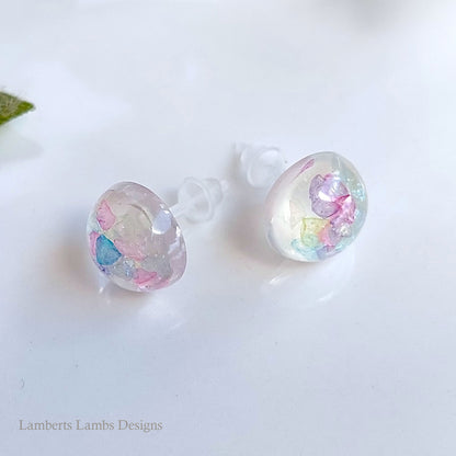 Handmade stud earrings with mulit colour glass -pink, purple, blue, yellow, green