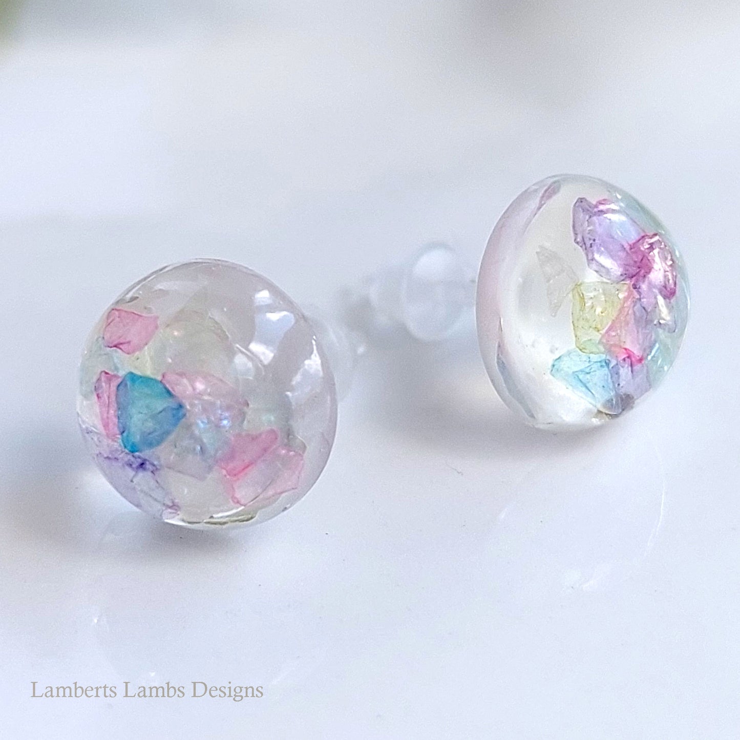 Handmade stud earrings with mulit colour glass -pink, purple, blue, yellow, green