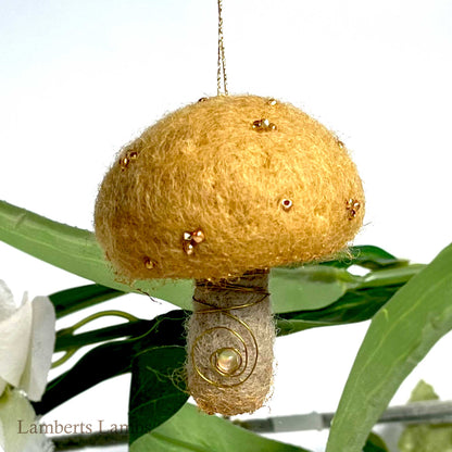 Ochre needle felted mushroom, enchanted hanging mushroom bauble