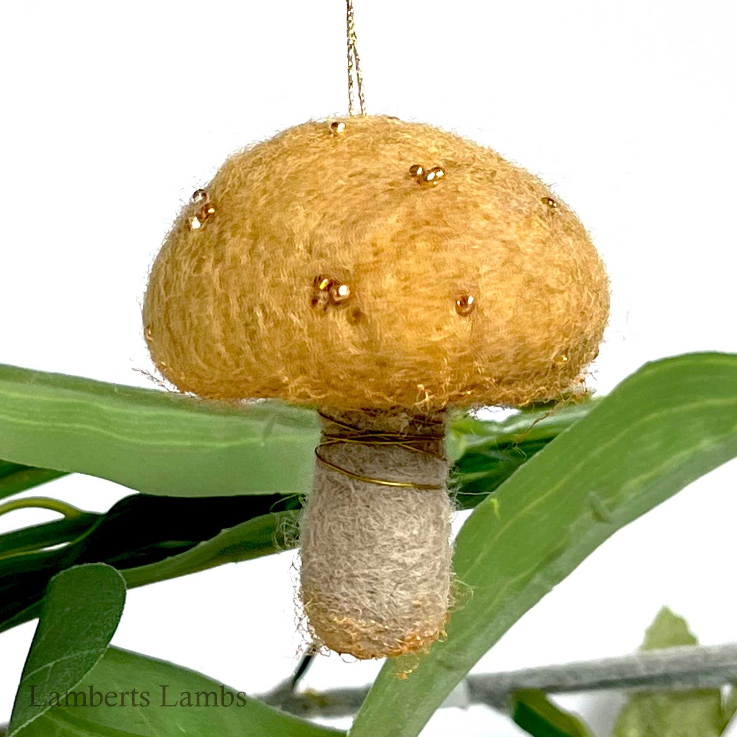 Ochre needle felted mushroom, enchanted hanging mushroom bauble