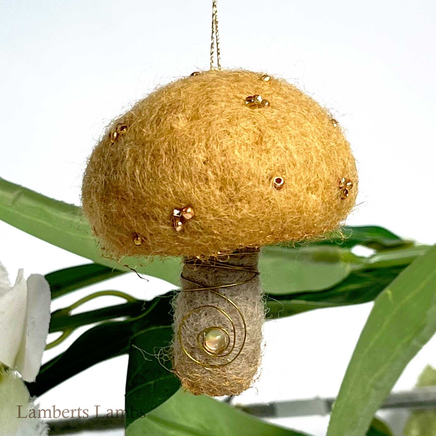 Ochre needle felted mushroom, enchanted hanging mushroom bauble