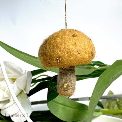 Ochre needle felted mushroom, enchanted hanging mushroom bauble