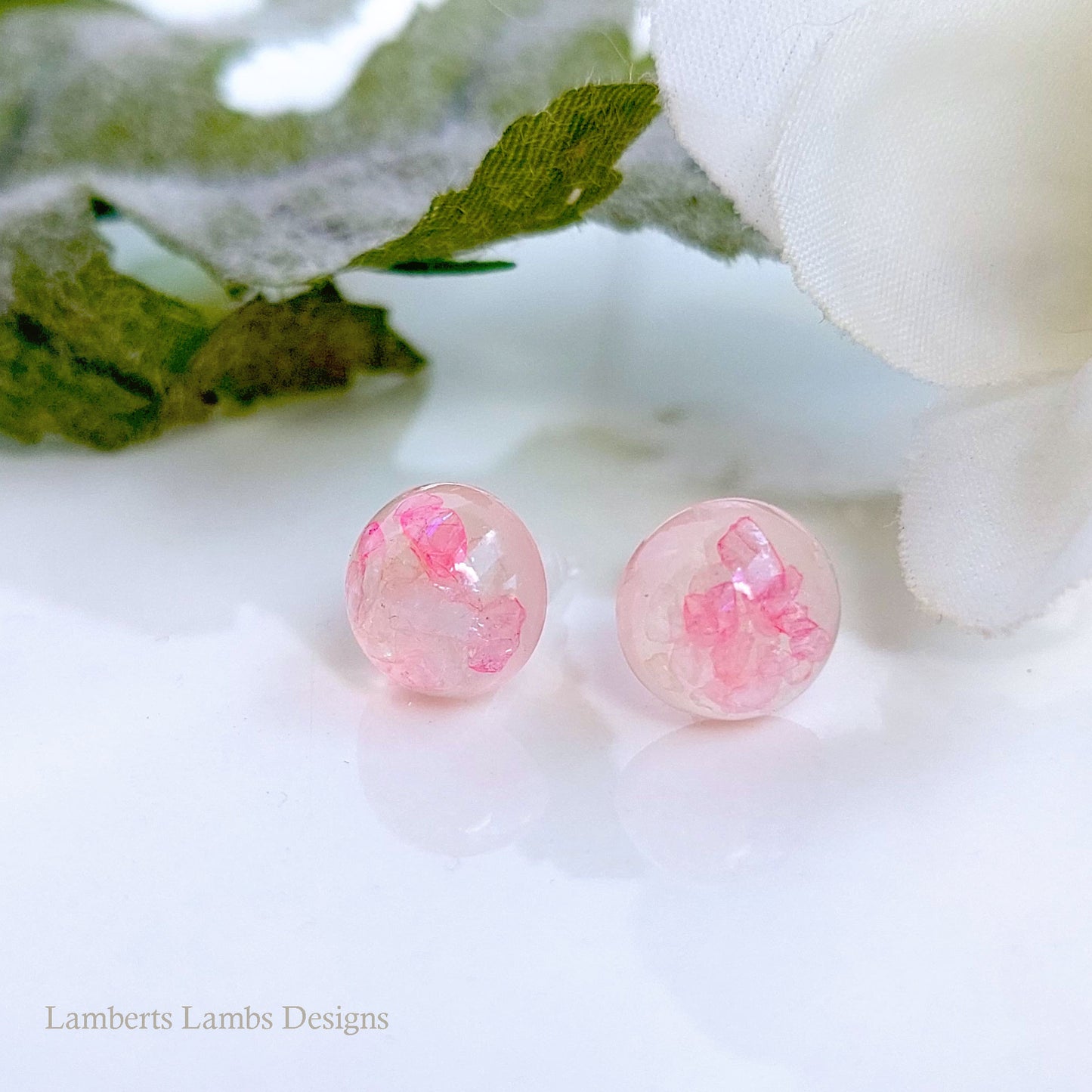 Handmade stud earrings with pink glass