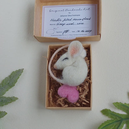 Sleeping needle felted mouse with a heart  Small handmade white felted wool mouse asleep