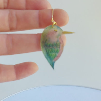 Tropical bird drop earrings, handmade bird hanging earrings - Dark