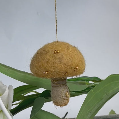 Ochre needle felted mushroom, enchanted hanging mushroom bauble