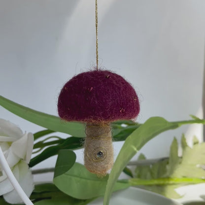 Burgundy needle felted mushroom, enchanted hanging mushroom bauble