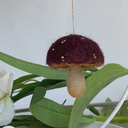 Brown needle felted mushroom, enchanted hanging mushroom bauble