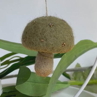 Light olive green needle felted mushroom, enchanted hanging mushroom bauble