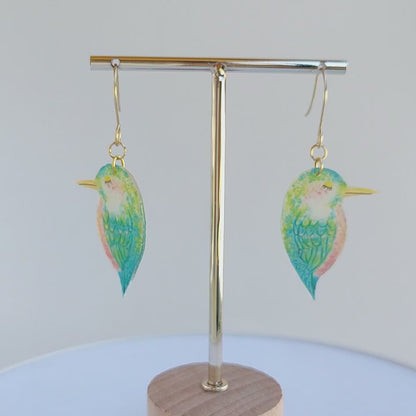 Handmande bird drop earrings, Tropical bird hanging earrings