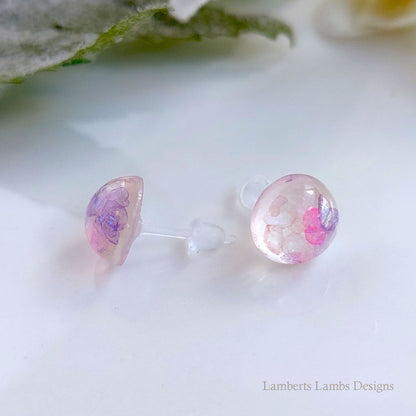 Handmade stud earrings with pink and purple glass