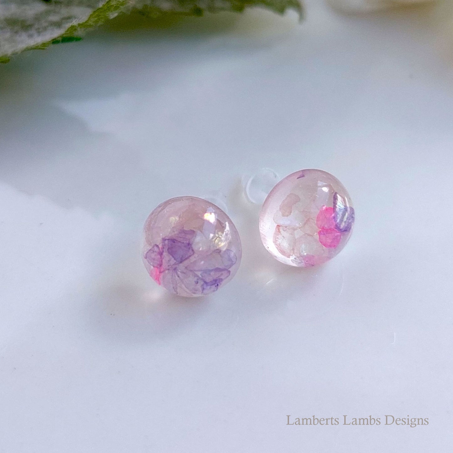 Handmade stud earrings with pink and purple glass