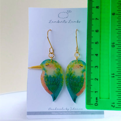 Tropical bird drop earrings, handmade bird hanging earrings