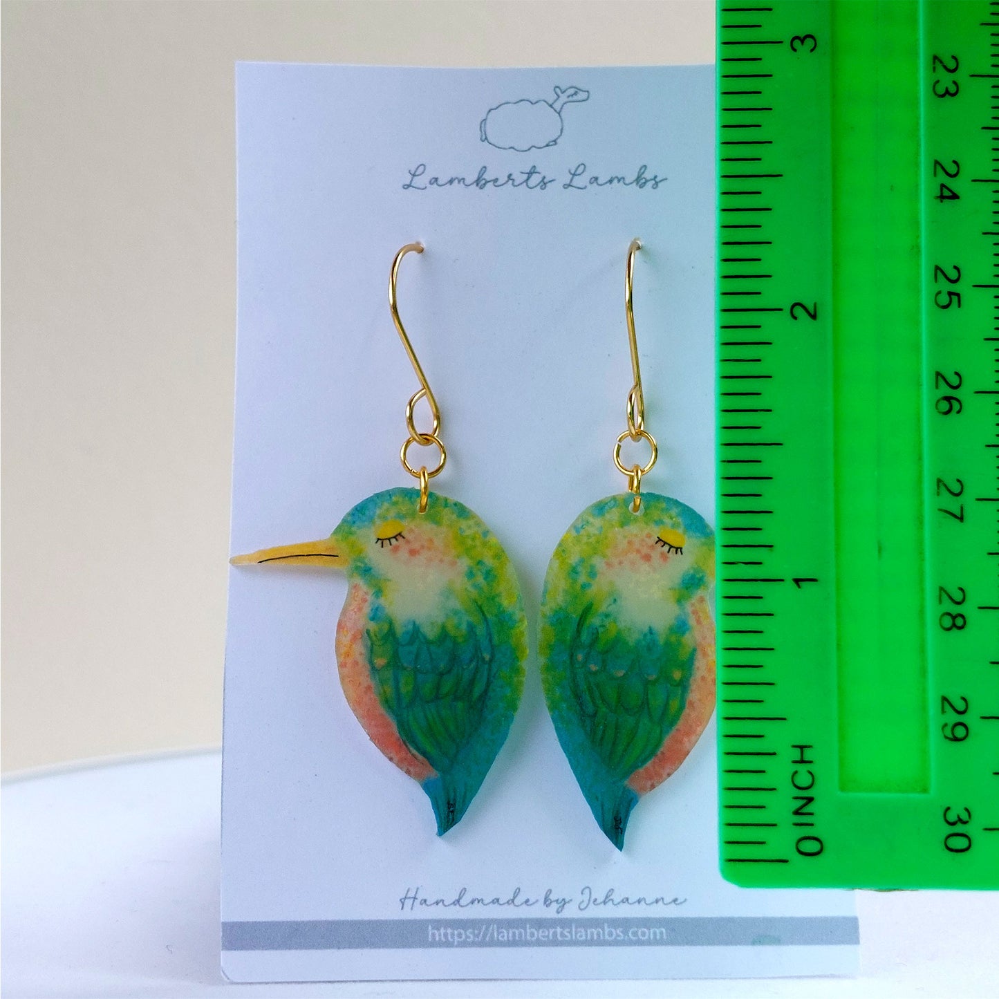 Tropical bird drop earrings, handmade bird hanging earrings