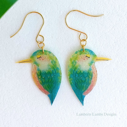 Handmande bird drop earrings, Tropical bird hanging earrings