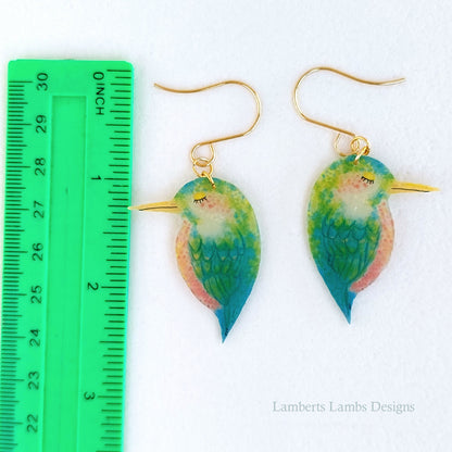 Handmande bird drop earrings, Tropical bird hanging earrings