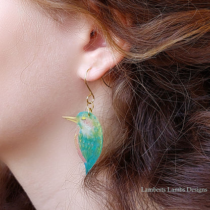 Handmande bird drop earrings, Tropical bird hanging earrings