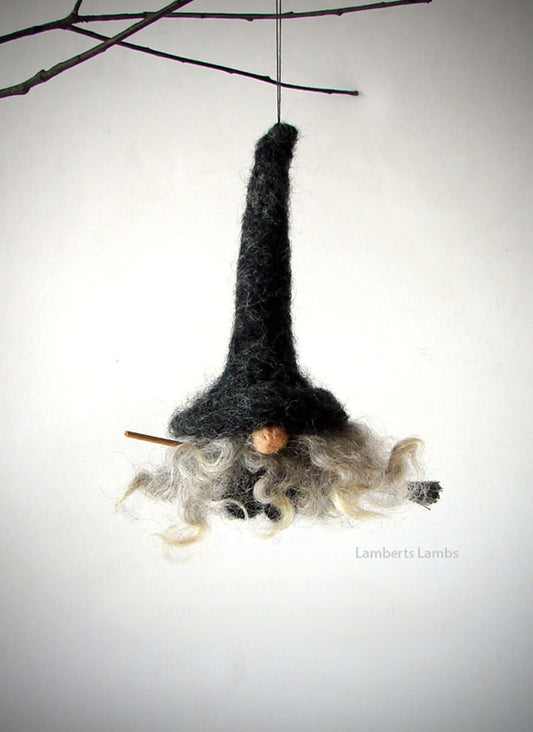 Needle Felted Tomte Nisse Gnome Witch Flying on a Broom, kitchen witch, Needle felted gnome,  Needle Felted Witch