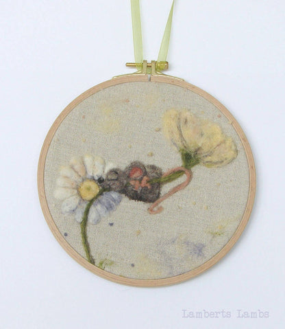 Needle felted mouse painting in an embroidery hoop