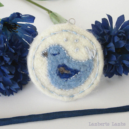 Needle felted and embroidery blue bird hanging decoration