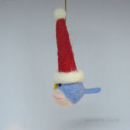 Needle Felted Little Blue Bird with a Christmas hat Christmas Tree  hanging Ornament