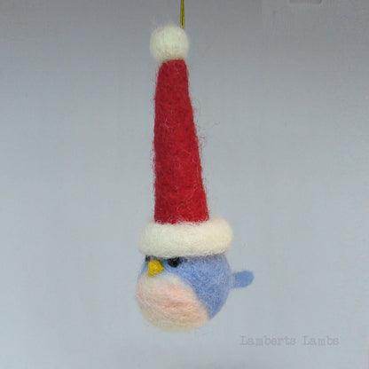 Needle Felted Little Blue Bird with a Christmas hat Christmas Tree  hanging Ornament