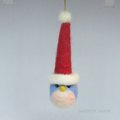 Needle Felted Little Blue Bird with a Christmas hat Christmas Tree  hanging Ornament