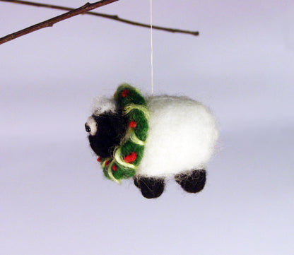 Needle Felted Sheep with wreath  Christmas  decoration